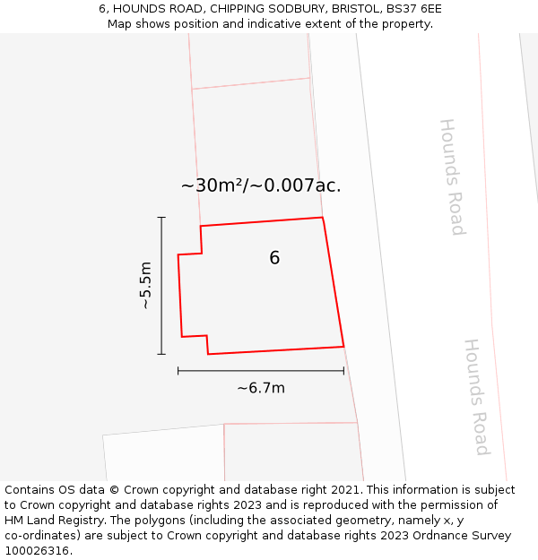 6, HOUNDS ROAD, CHIPPING SODBURY, BRISTOL, BS37 6EE: Plot and title map