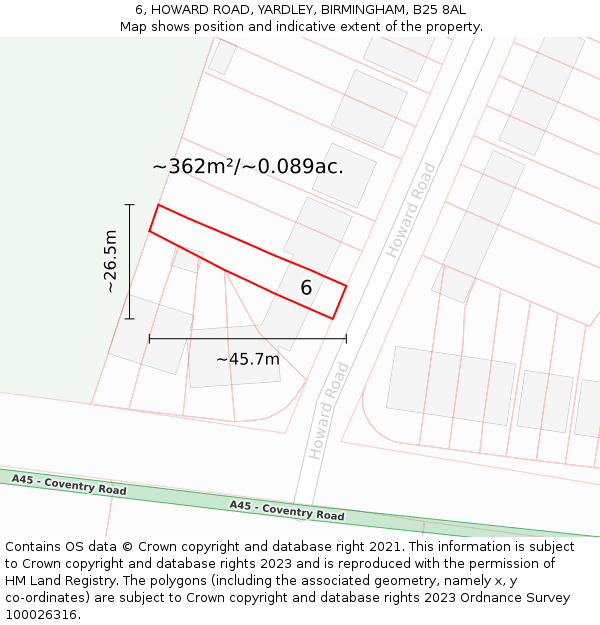 6, HOWARD ROAD, YARDLEY, BIRMINGHAM, B25 8AL: Plot and title map