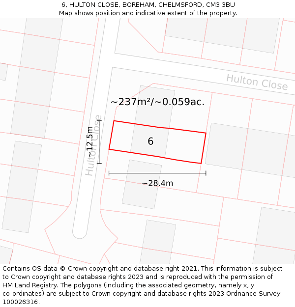 6, HULTON CLOSE, BOREHAM, CHELMSFORD, CM3 3BU: Plot and title map