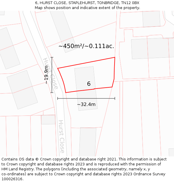 6, HURST CLOSE, STAPLEHURST, TONBRIDGE, TN12 0BX: Plot and title map