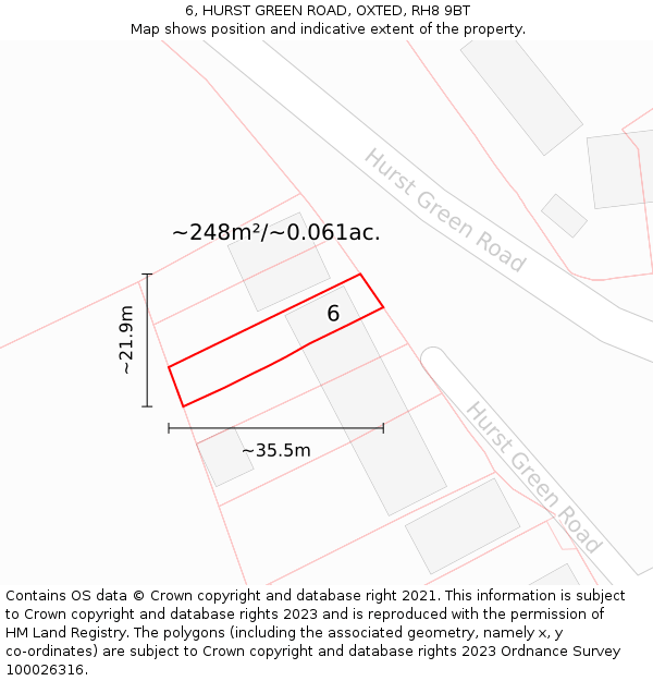 6, HURST GREEN ROAD, OXTED, RH8 9BT: Plot and title map