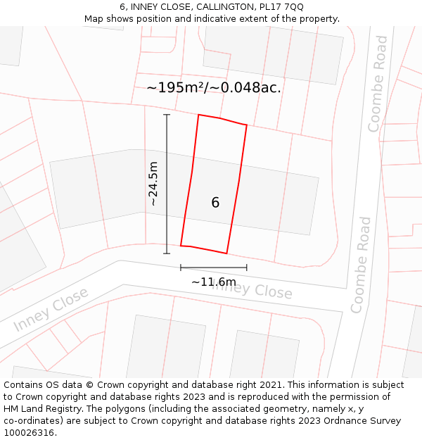 6, INNEY CLOSE, CALLINGTON, PL17 7QQ: Plot and title map