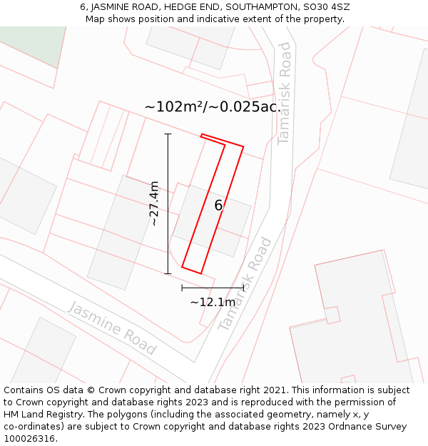 6, JASMINE ROAD, HEDGE END, SOUTHAMPTON, SO30 4SZ: Plot and title map