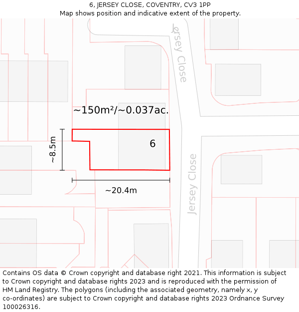6, JERSEY CLOSE, COVENTRY, CV3 1PP: Plot and title map