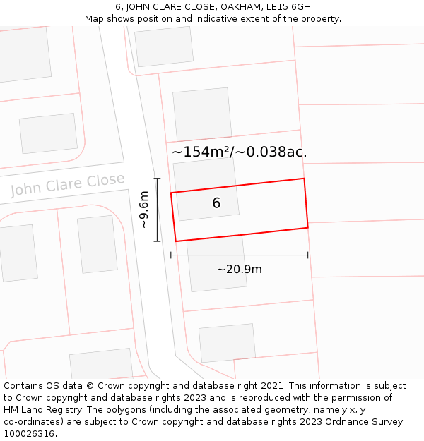 6, JOHN CLARE CLOSE, OAKHAM, LE15 6GH: Plot and title map
