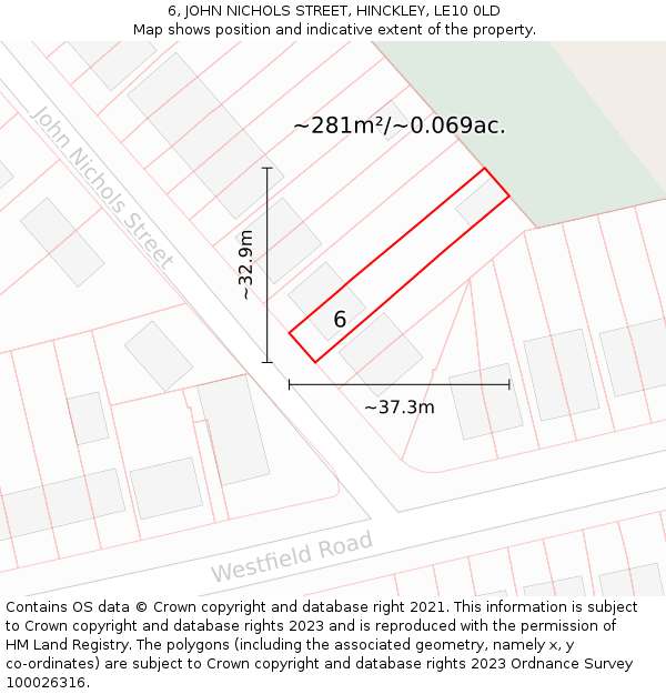 6, JOHN NICHOLS STREET, HINCKLEY, LE10 0LD: Plot and title map