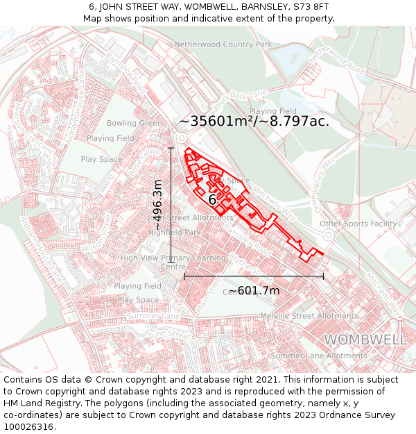6, JOHN STREET WAY, WOMBWELL, BARNSLEY, S73 8FT: Plot and title map