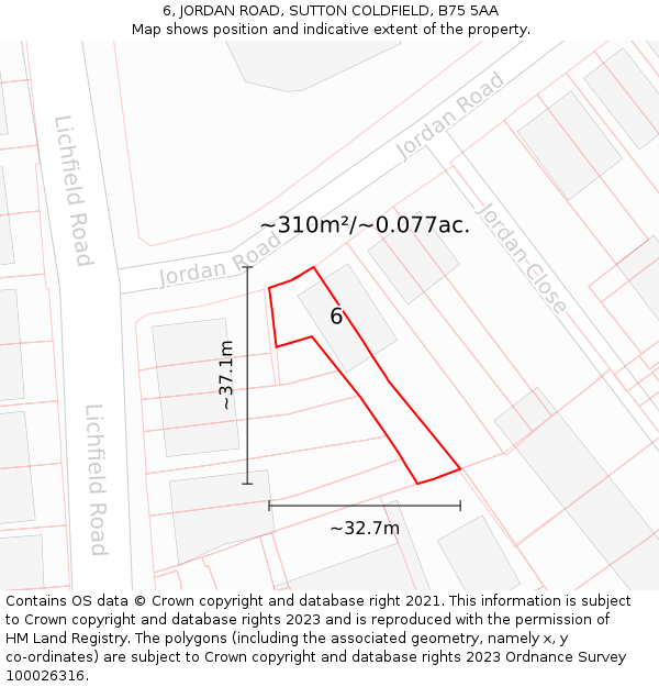 6, JORDAN ROAD, SUTTON COLDFIELD, B75 5AA: Plot and title map