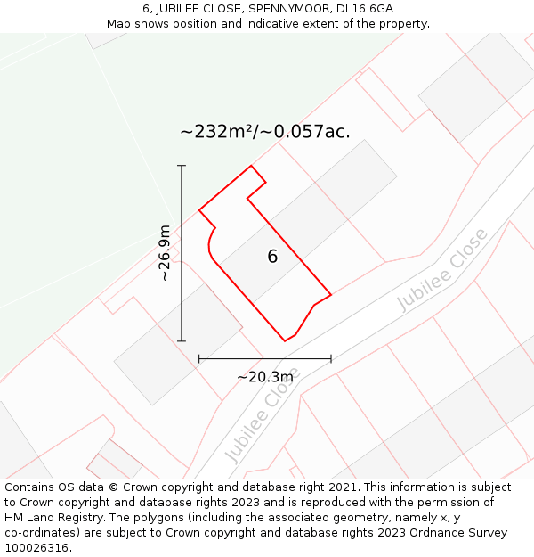 6, JUBILEE CLOSE, SPENNYMOOR, DL16 6GA: Plot and title map