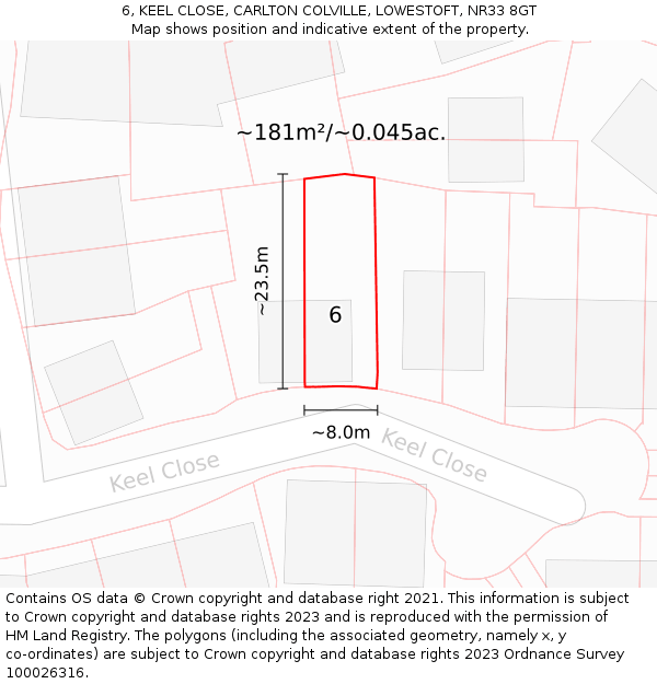 6, KEEL CLOSE, CARLTON COLVILLE, LOWESTOFT, NR33 8GT: Plot and title map