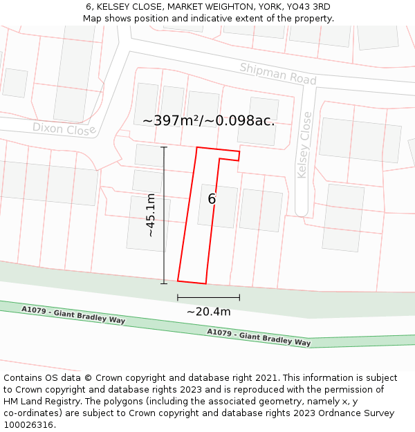 6, KELSEY CLOSE, MARKET WEIGHTON, YORK, YO43 3RD: Plot and title map