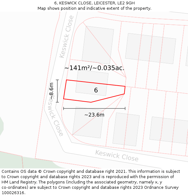 6, KESWICK CLOSE, LEICESTER, LE2 9GH: Plot and title map