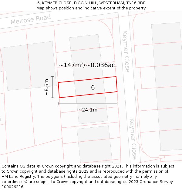 6, KEYMER CLOSE, BIGGIN HILL, WESTERHAM, TN16 3DF: Plot and title map