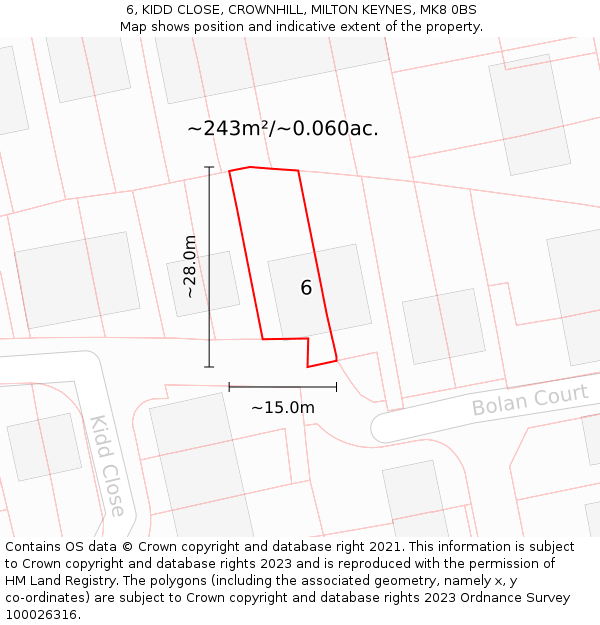 6, KIDD CLOSE, CROWNHILL, MILTON KEYNES, MK8 0BS: Plot and title map