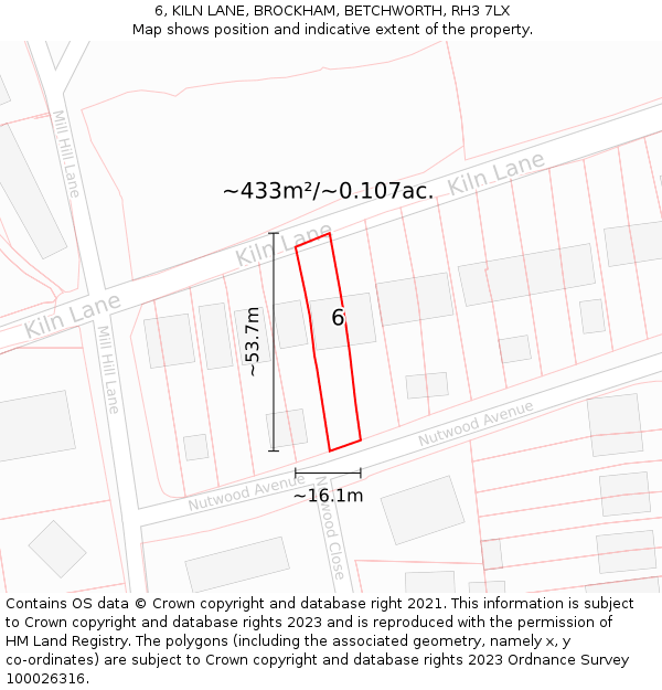 6, KILN LANE, BROCKHAM, BETCHWORTH, RH3 7LX: Plot and title map