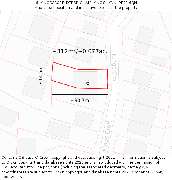 6, KINGSCROFT, DERSINGHAM, KING'S LYNN, PE31 6QN: Plot and title map