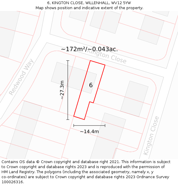 6, KINGTON CLOSE, WILLENHALL, WV12 5YW: Plot and title map