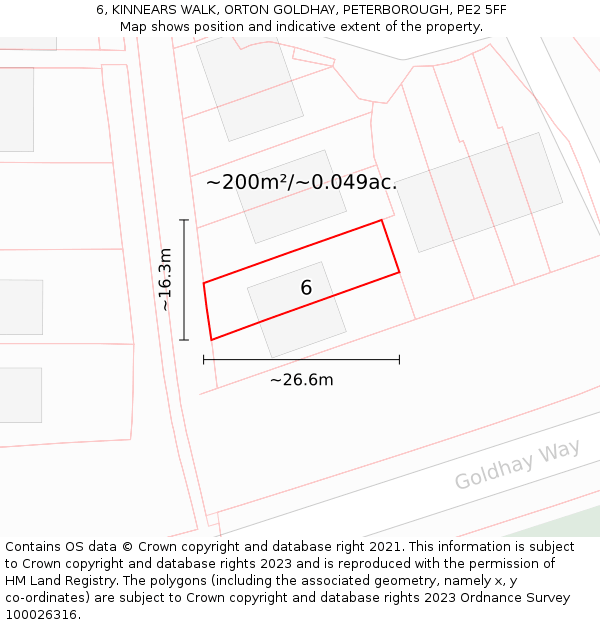 6, KINNEARS WALK, ORTON GOLDHAY, PETERBOROUGH, PE2 5FF: Plot and title map
