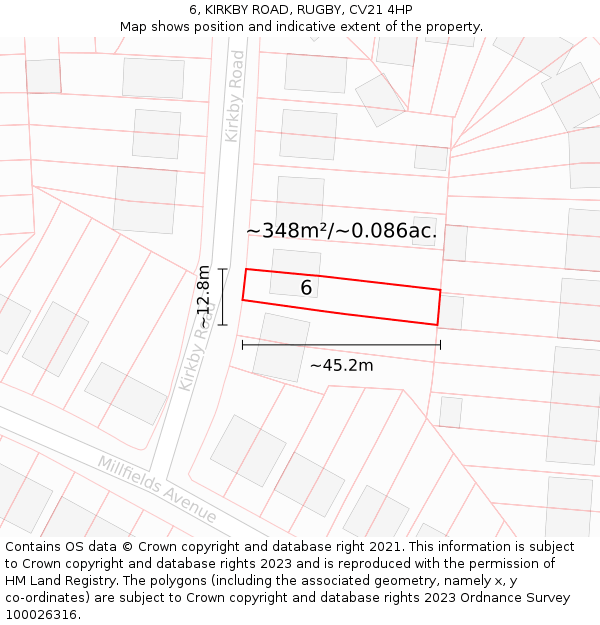 6, KIRKBY ROAD, RUGBY, CV21 4HP: Plot and title map