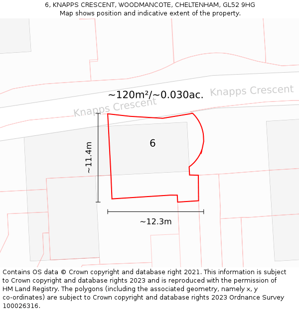 6, KNAPPS CRESCENT, WOODMANCOTE, CHELTENHAM, GL52 9HG: Plot and title map