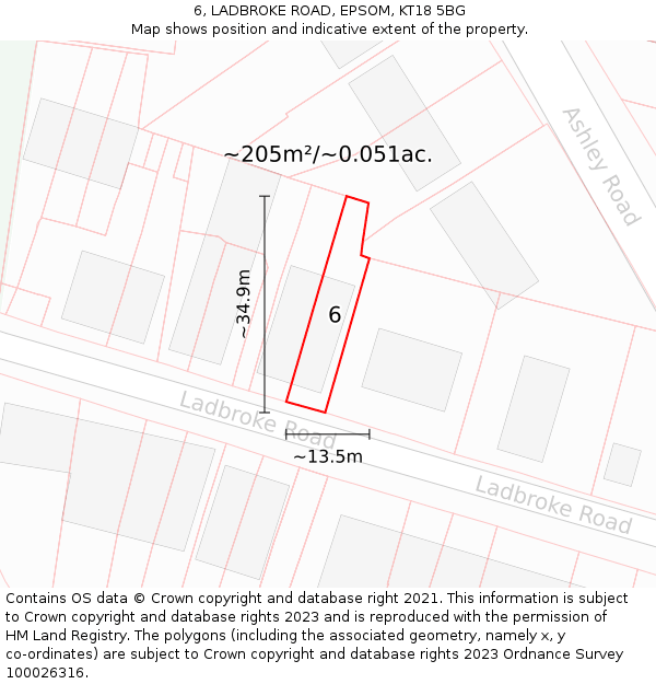6, LADBROKE ROAD, EPSOM, KT18 5BG: Plot and title map