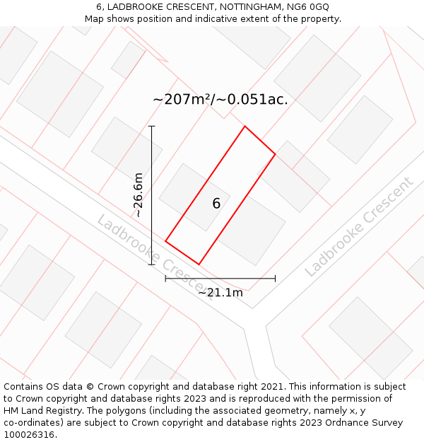 6, LADBROOKE CRESCENT, NOTTINGHAM, NG6 0GQ: Plot and title map