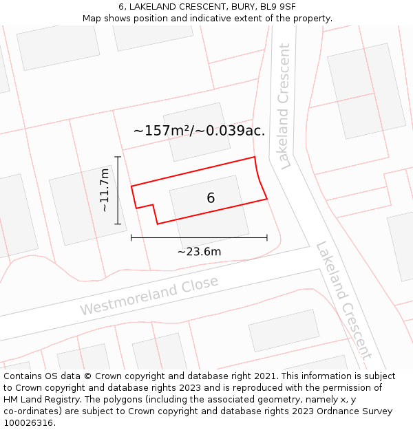 6, LAKELAND CRESCENT, BURY, BL9 9SF: Plot and title map