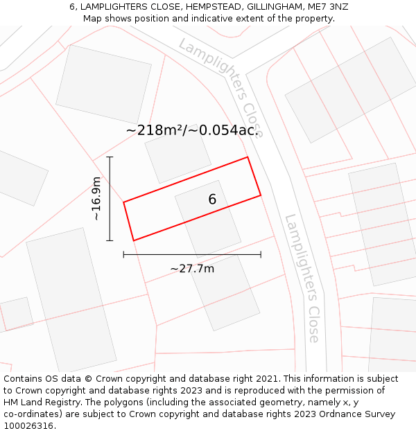 6, LAMPLIGHTERS CLOSE, HEMPSTEAD, GILLINGHAM, ME7 3NZ: Plot and title map