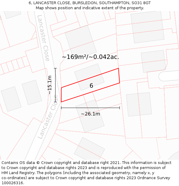 6, LANCASTER CLOSE, BURSLEDON, SOUTHAMPTON, SO31 8GT: Plot and title map