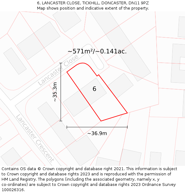 6, LANCASTER CLOSE, TICKHILL, DONCASTER, DN11 9PZ: Plot and title map