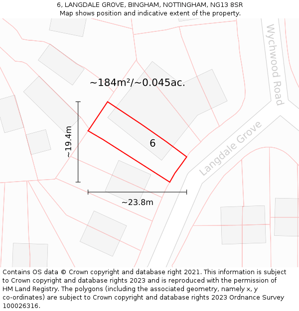 6, LANGDALE GROVE, BINGHAM, NOTTINGHAM, NG13 8SR: Plot and title map