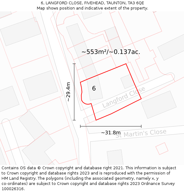 6, LANGFORD CLOSE, FIVEHEAD, TAUNTON, TA3 6QE: Plot and title map