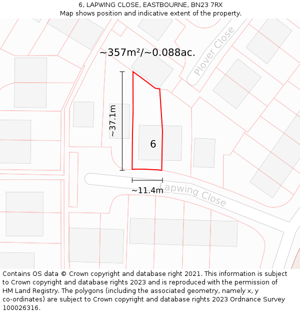 6, LAPWING CLOSE, EASTBOURNE, BN23 7RX: Plot and title map