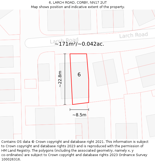 6, LARCH ROAD, CORBY, NN17 2UT: Plot and title map