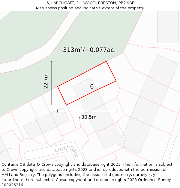 6, LARCHGATE, FULWOOD, PRESTON, PR2 9AF: Plot and title map