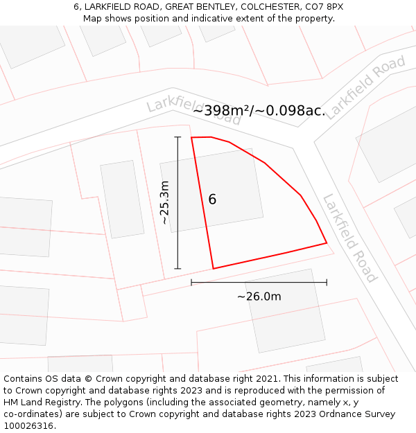 6, LARKFIELD ROAD, GREAT BENTLEY, COLCHESTER, CO7 8PX: Plot and title map