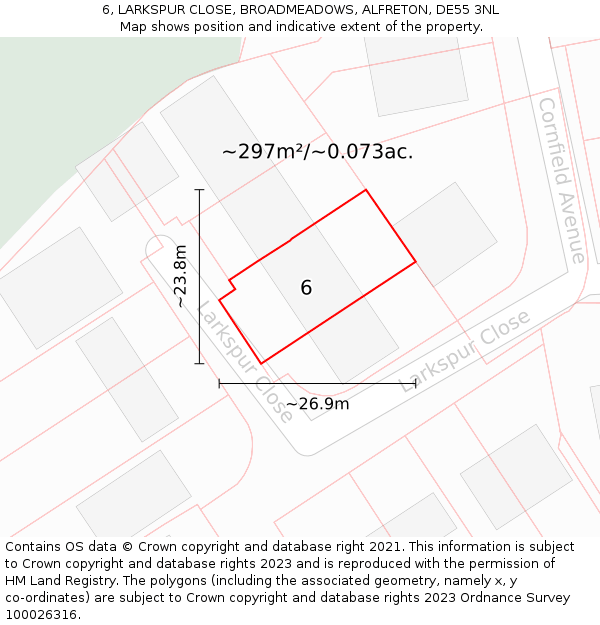 6, LARKSPUR CLOSE, BROADMEADOWS, ALFRETON, DE55 3NL: Plot and title map