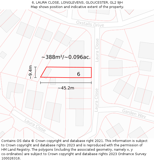 6, LAURA CLOSE, LONGLEVENS, GLOUCESTER, GL2 9JH: Plot and title map