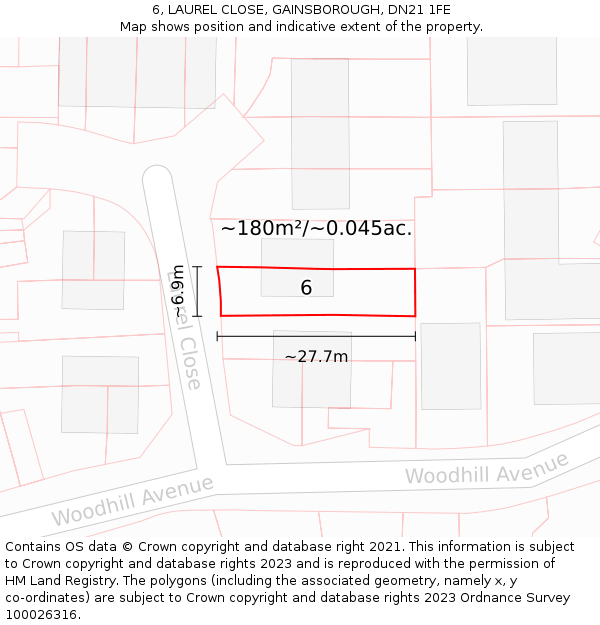 6, LAUREL CLOSE, GAINSBOROUGH, DN21 1FE: Plot and title map