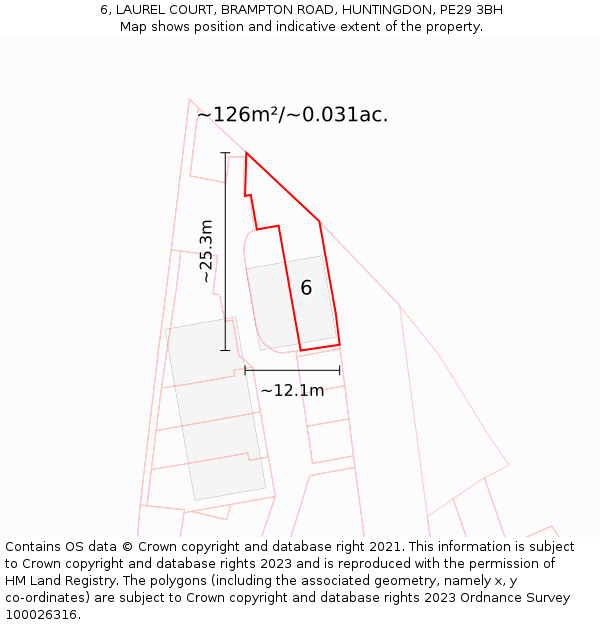6, LAUREL COURT, BRAMPTON ROAD, HUNTINGDON, PE29 3BH: Plot and title map