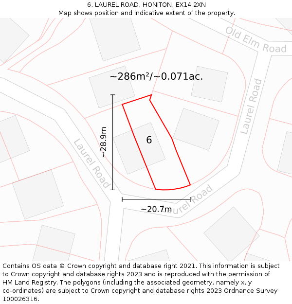 6, LAUREL ROAD, HONITON, EX14 2XN: Plot and title map
