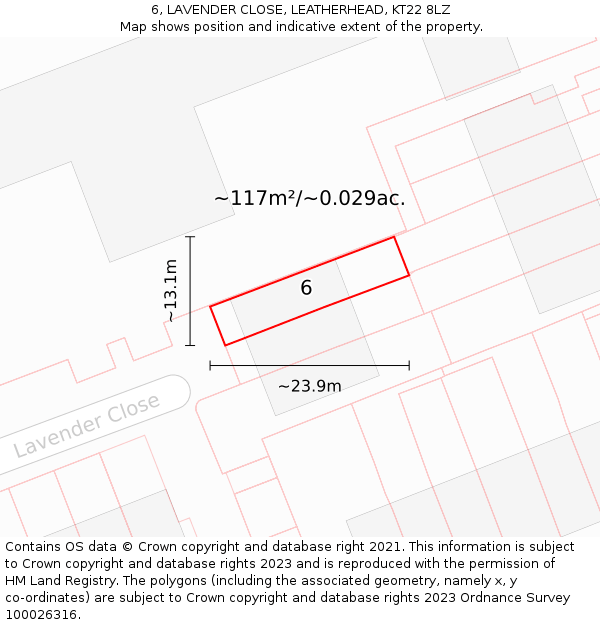 6, LAVENDER CLOSE, LEATHERHEAD, KT22 8LZ: Plot and title map