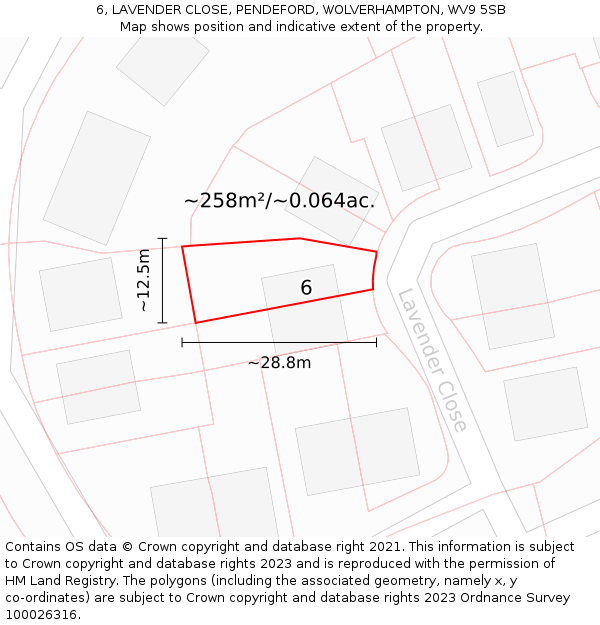 6, LAVENDER CLOSE, PENDEFORD, WOLVERHAMPTON, WV9 5SB: Plot and title map