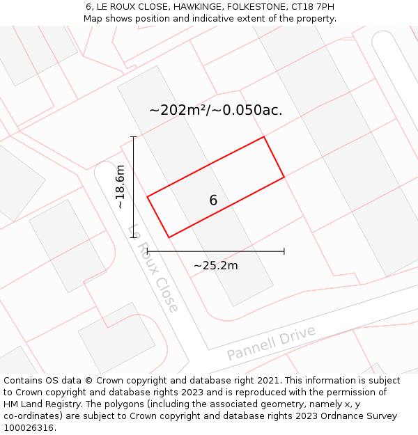 6, LE ROUX CLOSE, HAWKINGE, FOLKESTONE, CT18 7PH: Plot and title map