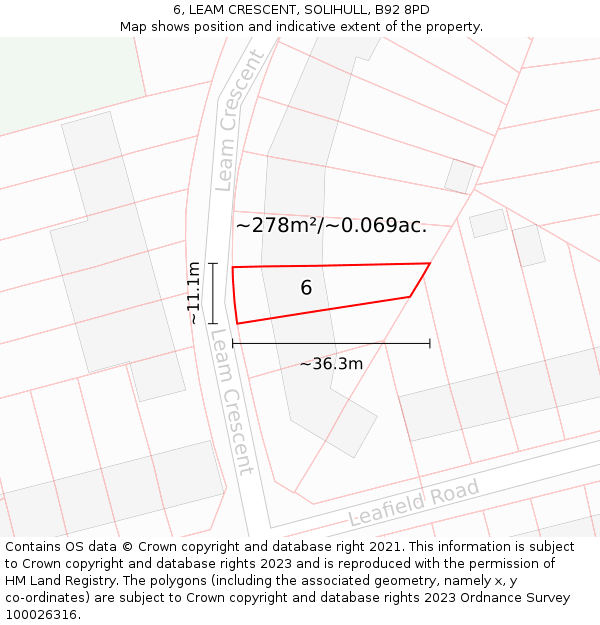 6, LEAM CRESCENT, SOLIHULL, B92 8PD: Plot and title map