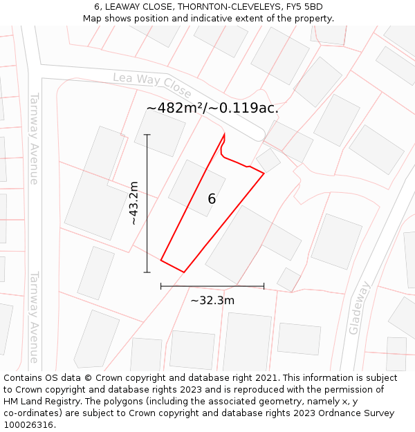 6, LEAWAY CLOSE, THORNTON-CLEVELEYS, FY5 5BD: Plot and title map