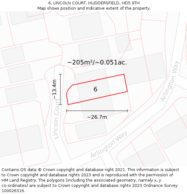 6, LINCOLN COURT, HUDDERSFIELD, HD5 9TH: Plot and title map