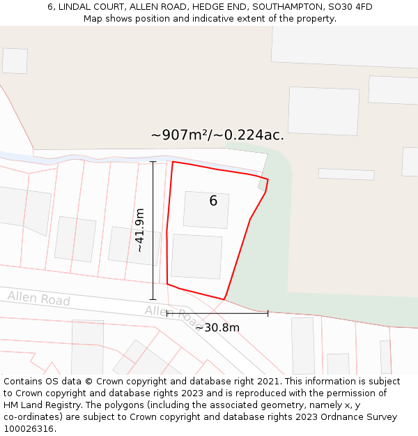 6, LINDAL COURT, ALLEN ROAD, HEDGE END, SOUTHAMPTON, SO30 4FD: Plot and title map