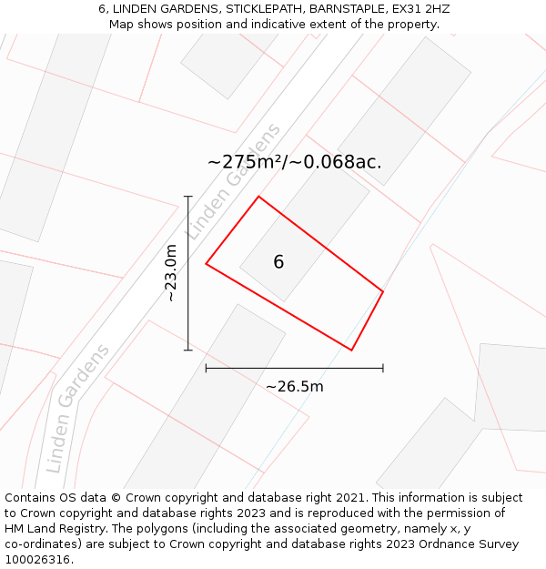6, LINDEN GARDENS, STICKLEPATH, BARNSTAPLE, EX31 2HZ: Plot and title map