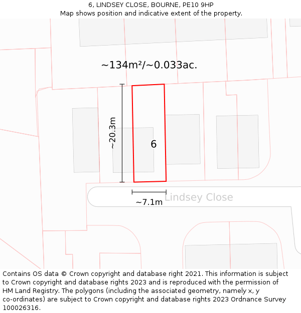 6, LINDSEY CLOSE, BOURNE, PE10 9HP: Plot and title map